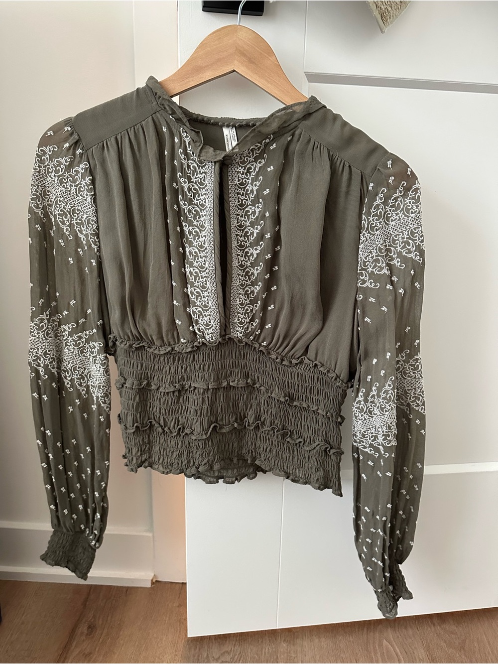 Anthropologie Olive Green Smocked Waist Blouse with White Embroidery